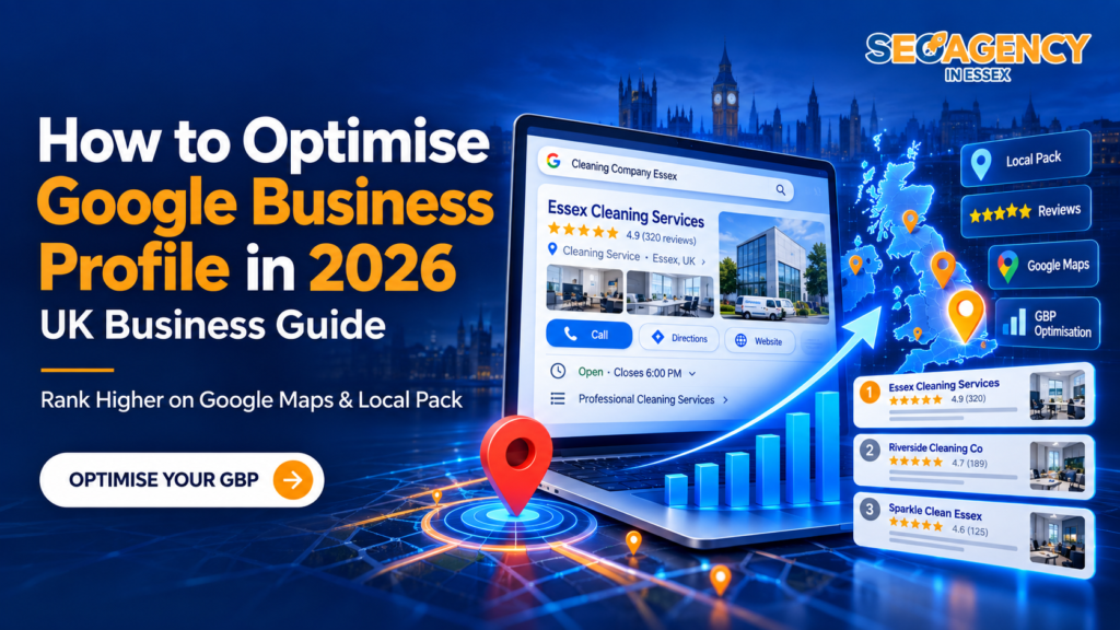 A professional digital marketing illustration by SEO Agency in Essex showing Google Business Profile optimisation features including local search rankings, reviews, Google Maps visibility, business information and Local Pack results.