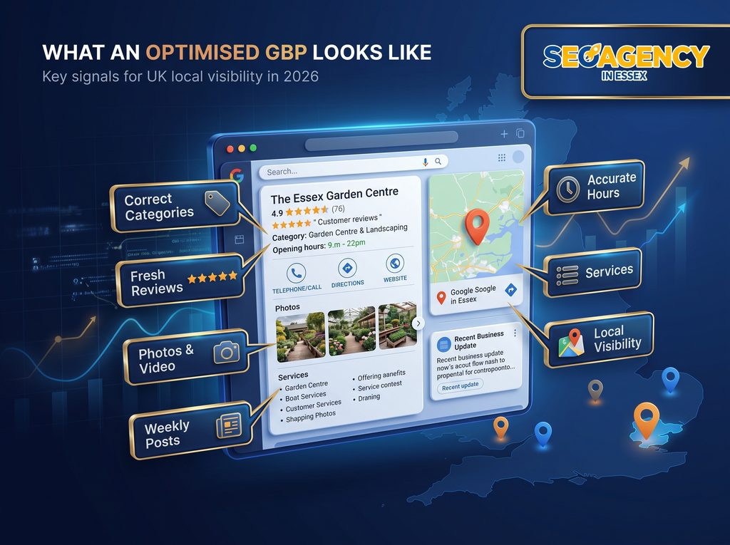 SEO Agency in Essex Google Business Profile optimisation graphic showing reviews, categories, services, photos and local search visibility