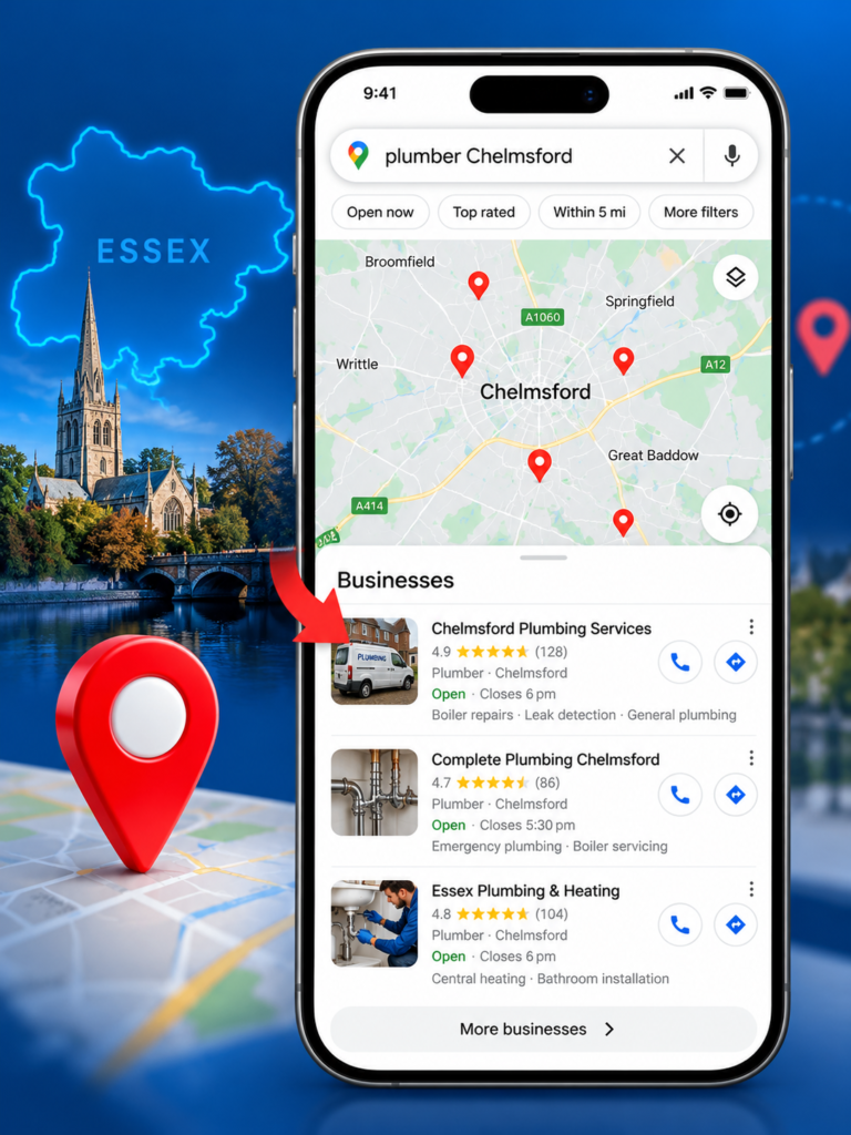 Google Maps search results for plumber Chelmsford