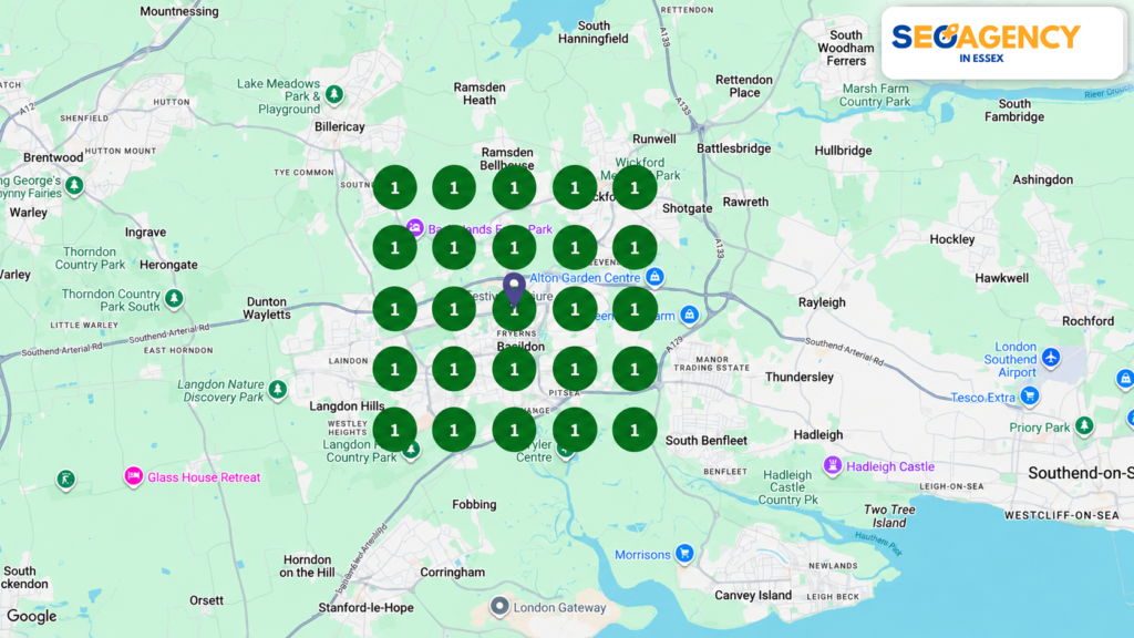 Map showing how distance affects Google Maps rankings across Essex